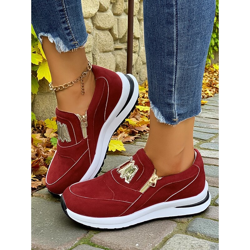 Women's Denim Slip-On Sneakers with Gold Detail – Lightweight Casual Walking Shoes with Side Zipper for Shopping, Urban Commutes and Weekend Getaways