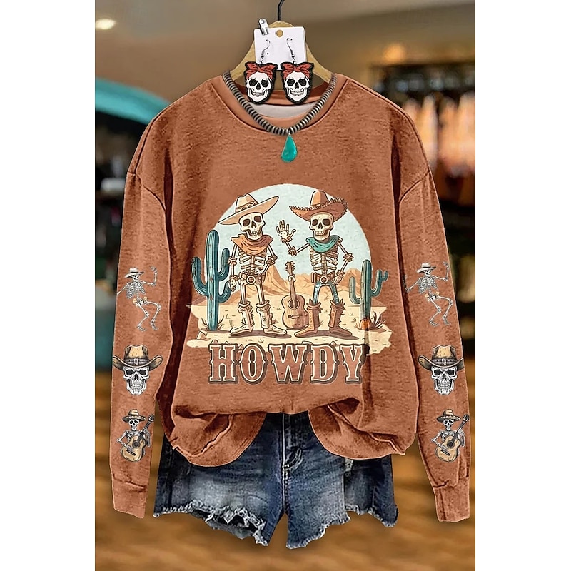 Halloween Women's Sweatshirts Skulls Graphic Casual Long Sleeve Crew Neck Round Neck Regular Tops Street Dailywear Casual Print Maroon White Fall Winter2