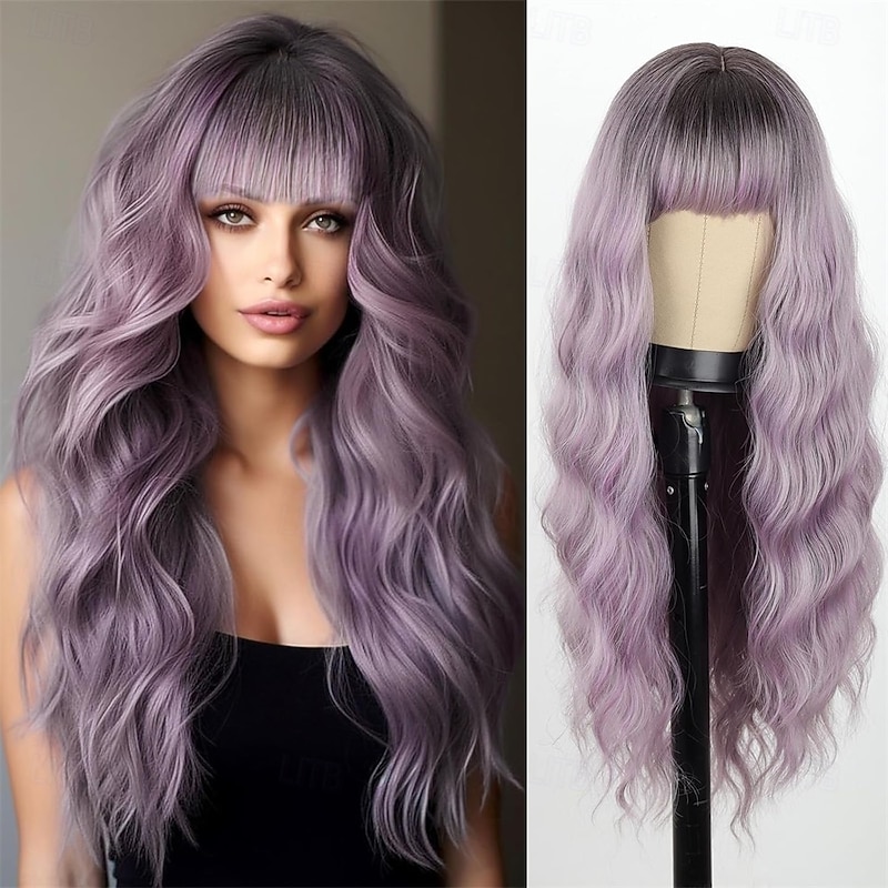 Long Ombre Light Purple Wavy Wig with Bangs Dark Root Ombre Gray Purple Wigs Natural Looking Heat Resistant Synthetic Fiber Wig For Party Cosplay Daily Halloween