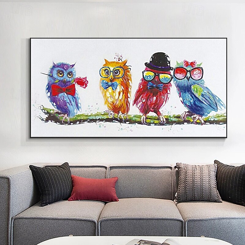 Funny Designed 4 Birds Friend Oil Painting on Canvas Artist Hand Painted Funny  Loverly Animal Oil Painting for Living Room2