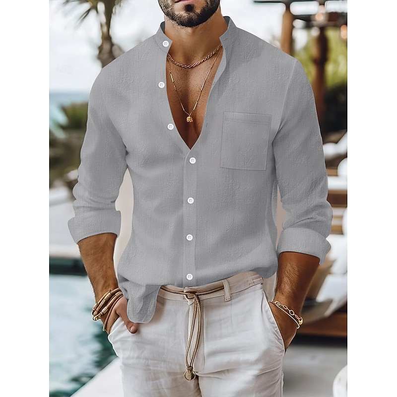 Men's Shirt Linen Shirt Summer Shirt Beach Wear Button Up Shirt Plain Vacation Daily Black White Yellow Navy Blue Long Sleeve Band Collar Summer Spring & Summer Clothing Apparel Pocket3