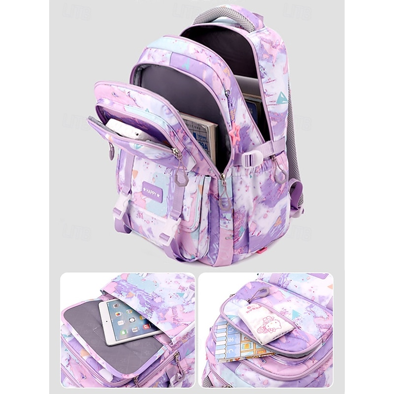 Teen Girl''s Water-Repellent Large Capacity Backpack – Pastel Marble Print School Bag with Multi-Compartments and Padded Straps for Middle and High School3