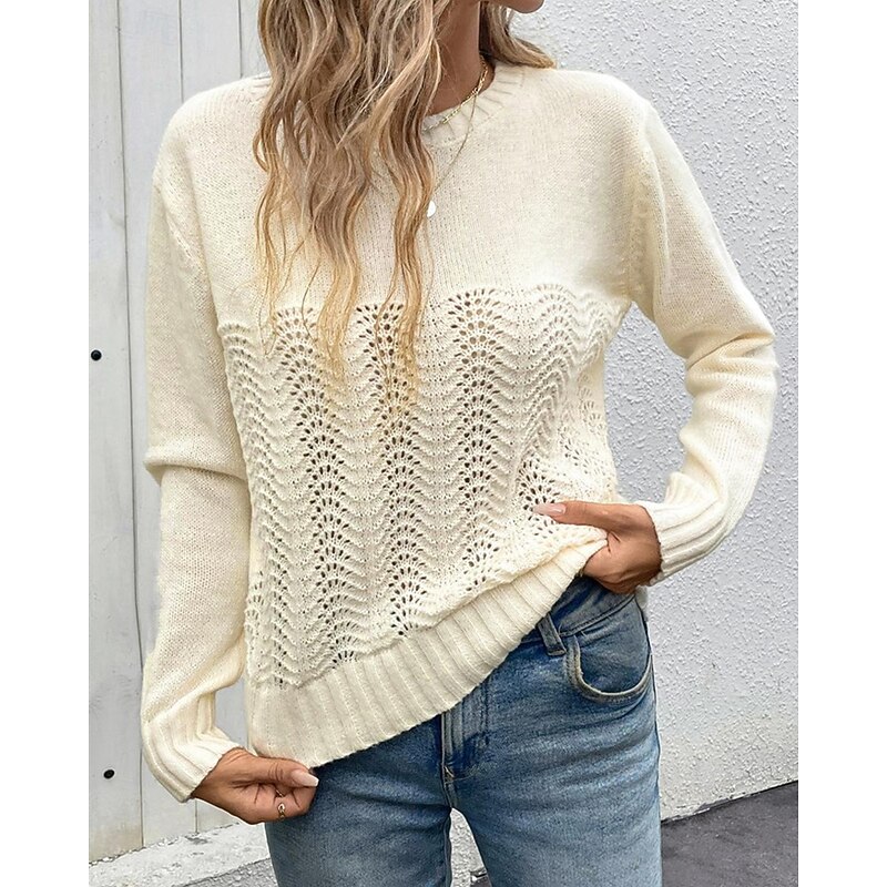 Women's Sweater Pullover Daily Stylish Casual Solid Color Ribbed Crew Neck Knitted Long Sleeve Regular Tops Knit Daily Holiday Going out Apricot Spring Fall3