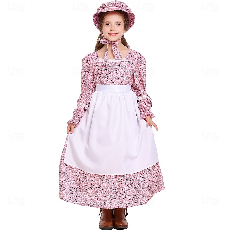 19th Century 1800s Old West Prairie Dress Bonnet and Apron Set Pioneer Floral Fancy Dress Girls' Halloween Carnival World Book Day School Event Dress Up Historical reenactment Dress Apron Hat2