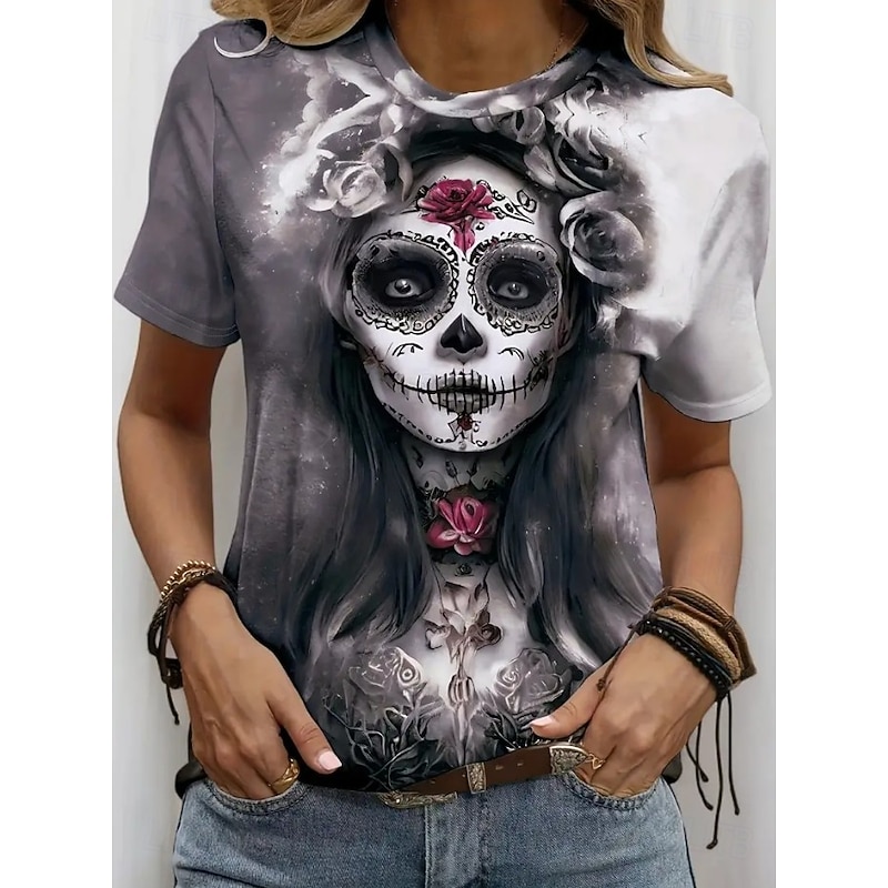 Halloween Women's T Shirt Skulls Floral Graphic Vintage Stylish Classic Short Sleeve Crew Neck Round Neck Regular Tops Daily Weekend Print Black Purple Gray Summer Fall