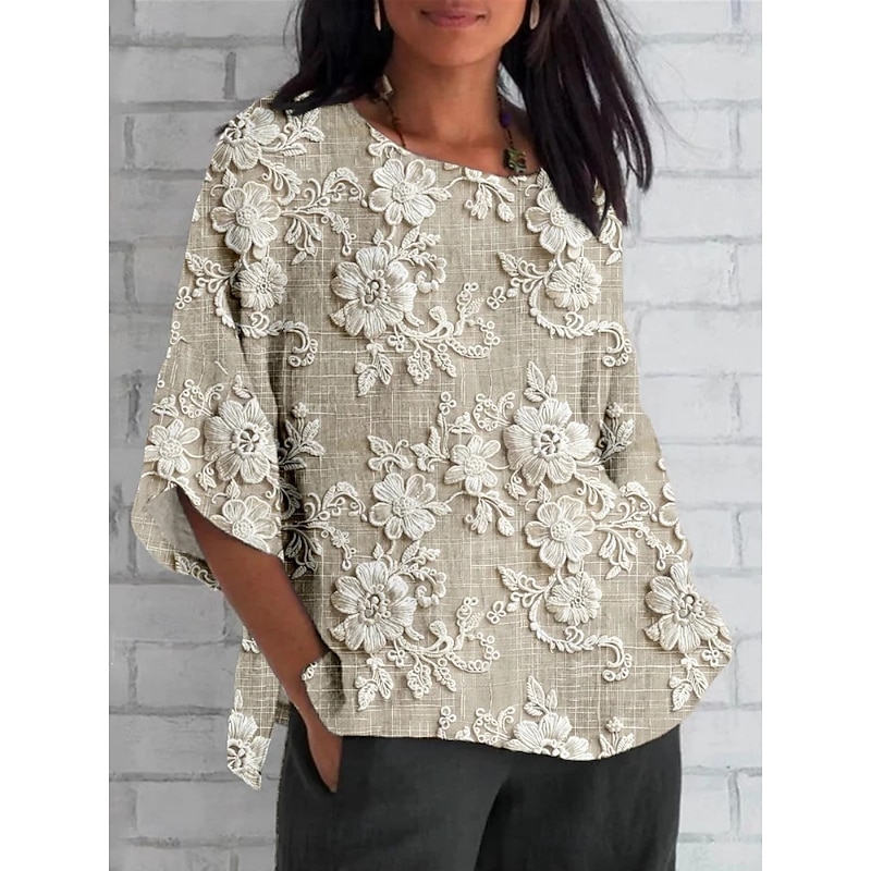 Women's Shirt Floral Daily Casual 3/4 Length Sleeve Crew Neck Regular Tops Daily Holiday Print White Green Khaki Summer Spring Fall2