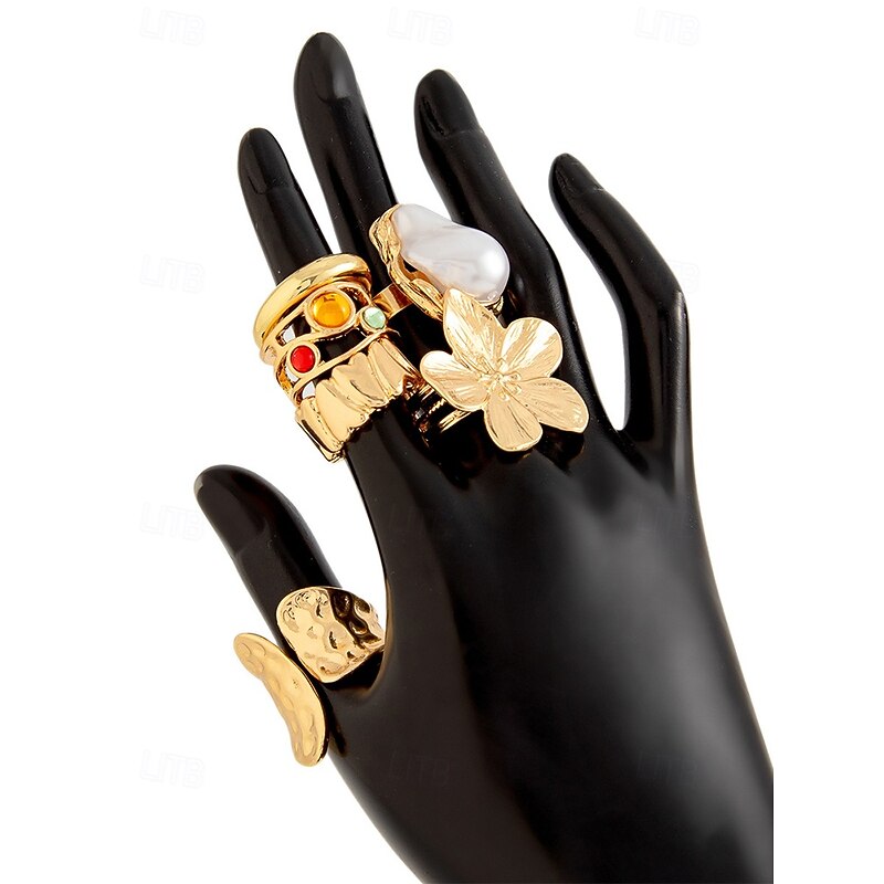 Women's 6-Piece Vintage Gold Ring Set with Pearl, Floral, and Gemstone Accents – Fashion Statement Alloy Rings for Party and Daily Wear3