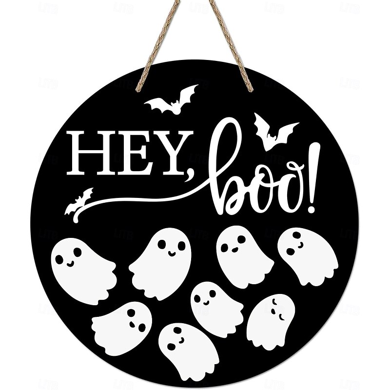 Halloween Wooden Welcome Door Sign Cust Ghost, Spooky Front Door Hanging Plaque for Wall, Outdoor Porch, Home Party Decoration Wreath3