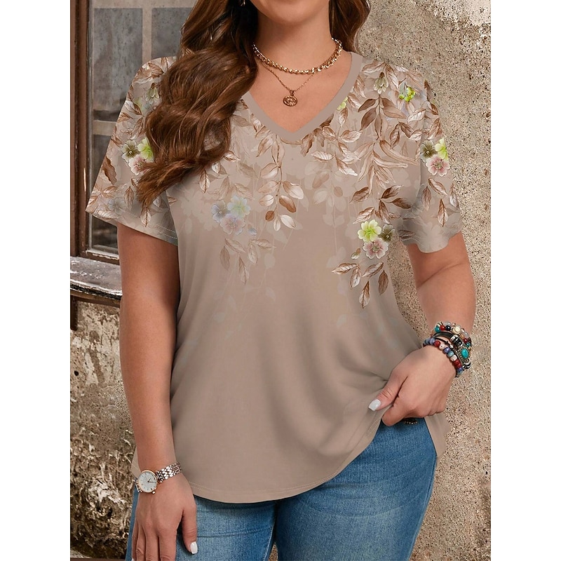 Women's Plus Size Tops T Shirt Floral Print Short Sleeve Crew Neck Casual Daily Polyester Summer Spring Blue Dark Green4