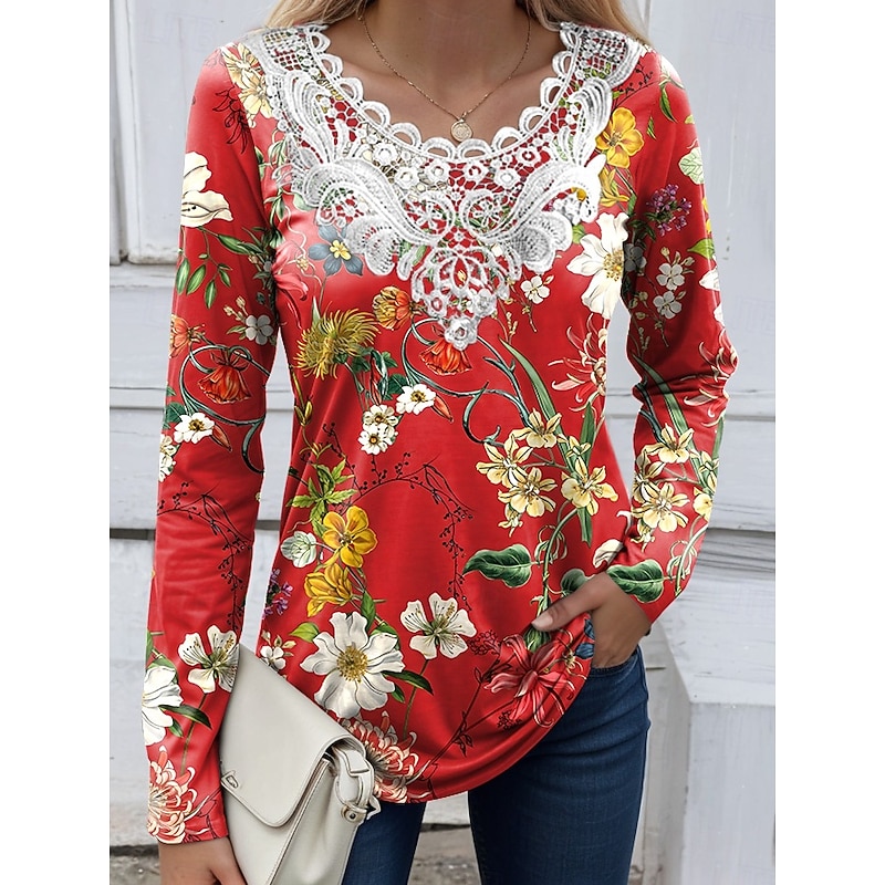 Women's Blouse Tunic Lace Splicing V Neck Long Sleeve Floral Graphic Plants Vintage Crew Neck Tops Daily Going out Weekend Lace Patchwork Print Black Red Sky Blue Dusty Blue Green Spring Fall Prefall4