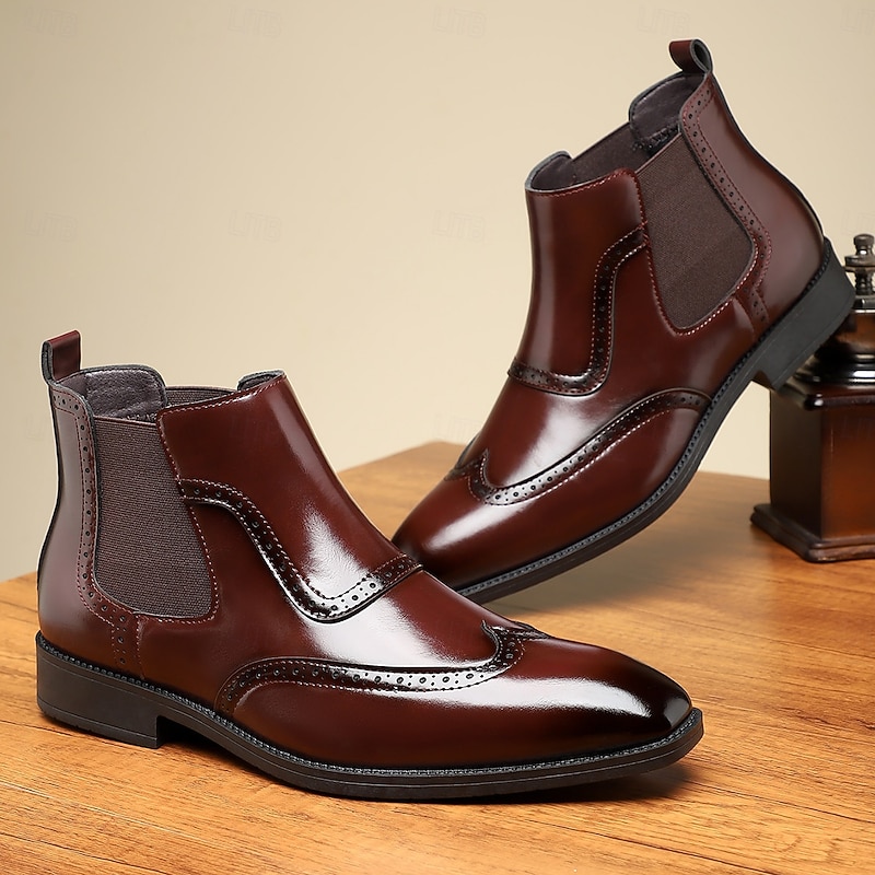 Men's Burgundy Faux Leather Wingtip Chelsea Boots – Classic Brogue Ankle Boots for Gentlemen, Fall Outfits and Semi-Formal Events2