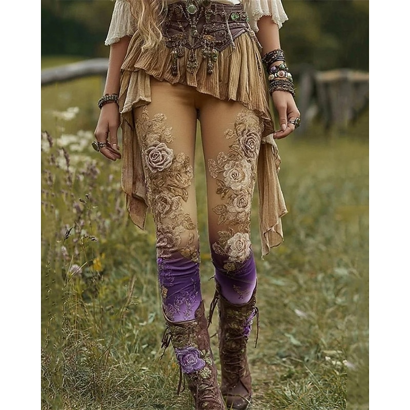 Women's Pants Trousers Leggings Cozy Leggings Casual Boho Full Length High Waist Flower Elastic Waist Print Breathability Comfortable Stretchy Vacation Street Daily Wear Pink Purple Brown Green4