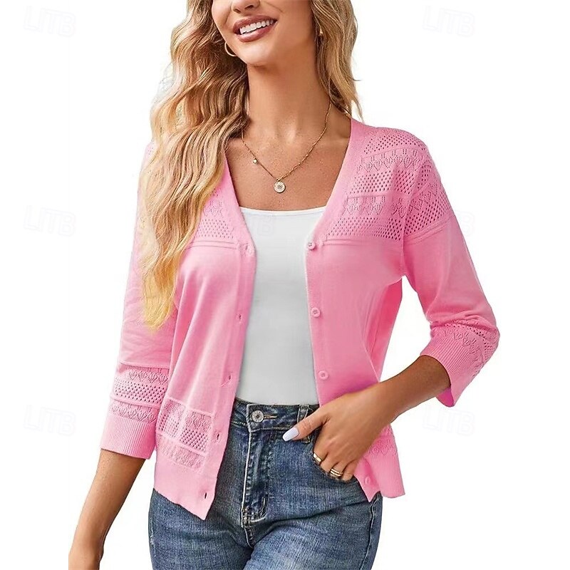 Women's Sweater Cardigan Fashion Streetwear Daily Solid Color Ribbed Open Front Knitted 3/4 Length Sleeve Regular Tops Knit Holiday Going out Weekend Black Pink Spring Fall