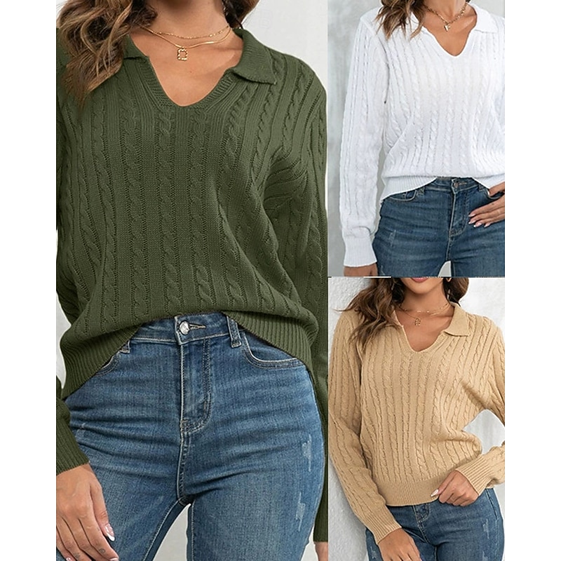 Women's Pullover Casual Solid Color Chunky V Neck Knitted Long Sleeve Regular Tops Knit Daily Holiday Going out White Army Green Fall Winter