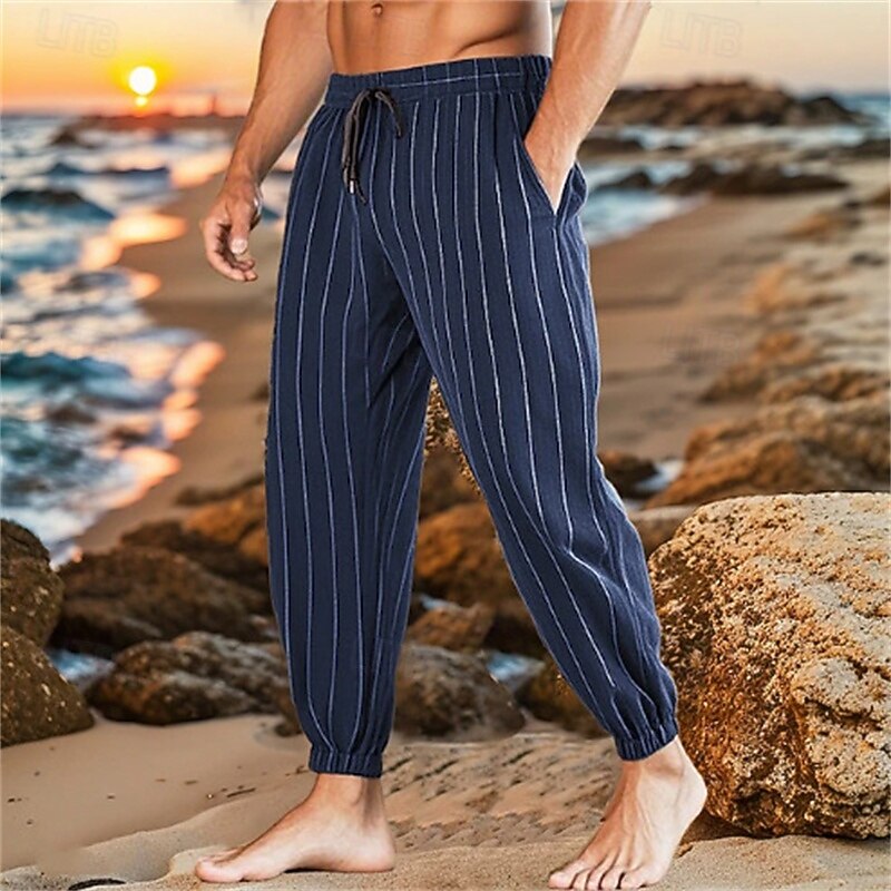 Men's Linen Pants Trousers Summer Pants Baggy Pants Elastic Waist Drawstring Straight Leg Striped Comfort Breathable Full Length Casual Daily Holiday Vacation Fashion Black White Inelastic