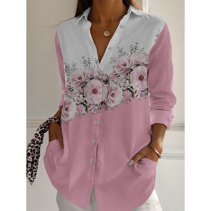 Women's Shirt Floral Active Daily Stylish Long Sleeve Shirt Collar Regular Tops Daily Holiday Buttons Print Pink Spring Fall
