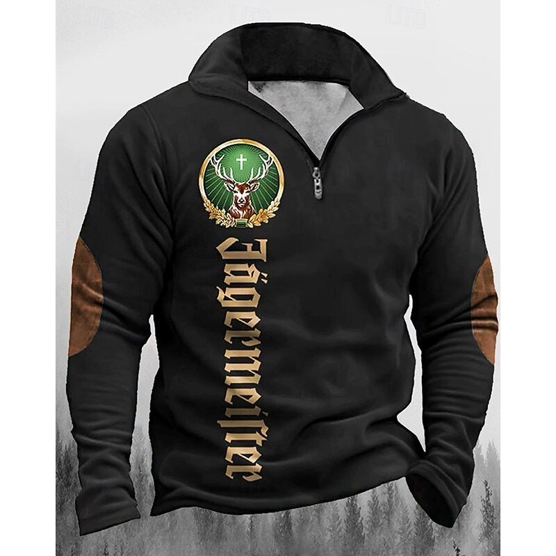 Men's Sweatshirt Quarter Zip Sweatshirt Black Green Gray Half Zip Reindeer Letter Print Quarter Zip Sports & Outdoor Daily Holiday Polyester Streetwear Basic Casual Spring Fall Clothing Apparel