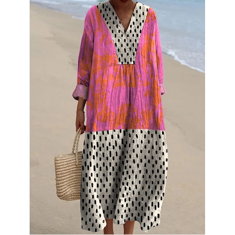 Women's Midi Dress V Neck Long Sleeve Kaftan Lightweight Loose Fit A Line Dress Casual Boho Going out Graphic Geometric Abstract Long Sleeve V Neck Dark Yellow Black Light Green Pink Fall2