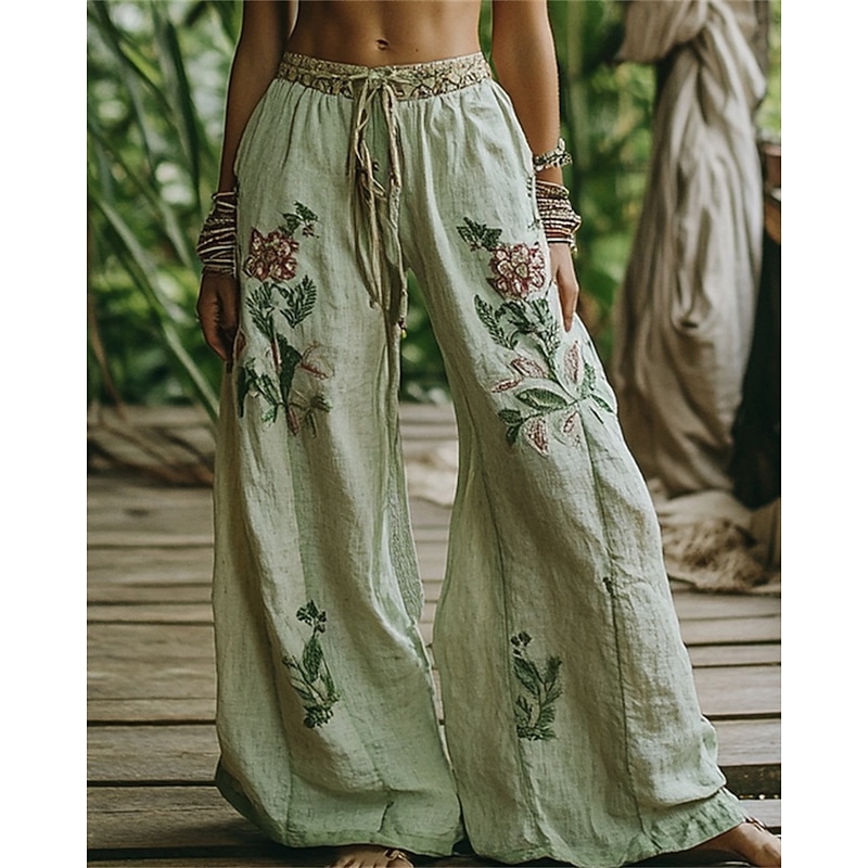 Women's Wide Leg Pants Trousers Palazzo Pants Fashion Boho Full Length High Waist Flower Elastic Waist Drawstring Print Breathability Comfortable Street Daily Wear Going out Green Spring Fall Regular