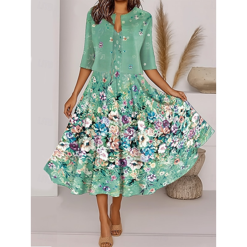 Women's Two Piece Dress Sets Midi Dress with Jacket Elegant A Line Dress Half Sleeve Casual Semi Formal Ombre Floral Print V Neck Date Red Sky Blue Green Regular Fit