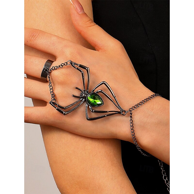 Women's Halloween Spider Hand Chain Bracelet with Green Gem – Gothic Alloy Jewelry for Costume Parties, Cosplay & Spooky Events3