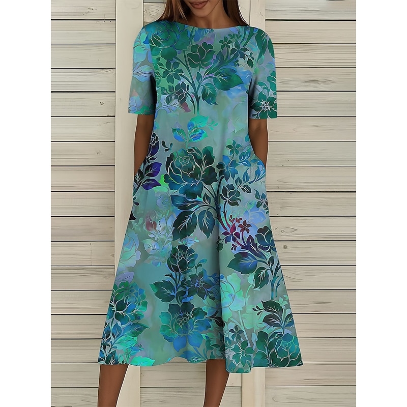 Women's Midi Dress T Shirt Dress Tee Dress A Line Dress Summer Dress Vacation Casual Beach Date Summer Dress Regular Fit Floral Graphic Short Sleeve Crew Neck Red Blue Green Summer Spring