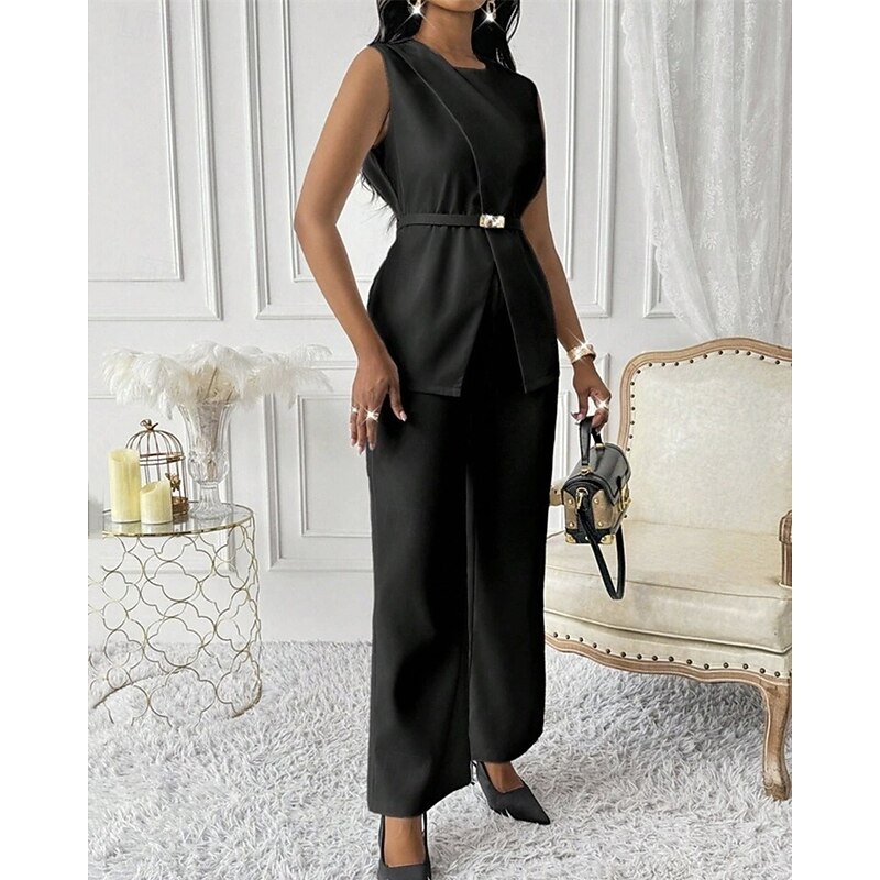 Women's Elegant Fashion Pants Sets Bolero Top Sleeveless Crew Neck Solid Color Vacation Casual Daily Black White Red Summer Regular Fit4