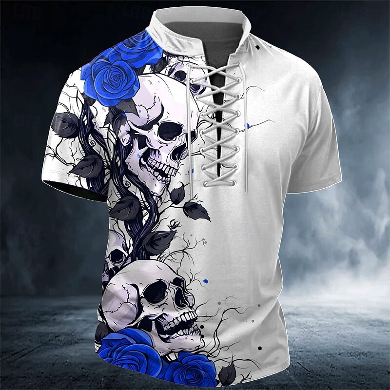 Halloween Men's Skull Rose Henley Shirt T shirt Tee Short Sleeve T shirt 3D Print Crew Neck Lace Up Neck Henley Shirt Fashion Daily Basic Street Sports Outdoor Casual Red Blue Purple Summer Spring4