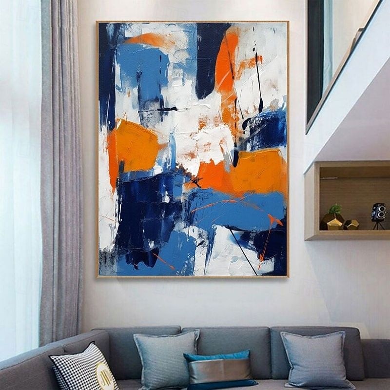 Hand-painted Abstract Original Textured Blue Yellow Acrylic Oil Painting Canvas Wall Art Decoration Paintings for Home Decor Rolled Frameless Unstretched Painting