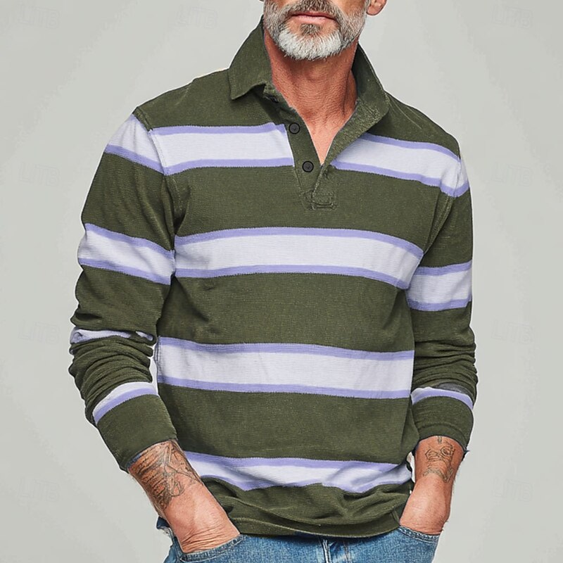 Men's Horizontal Stripes Rugby Polo Long Sleeve Polo Shirts Collared Shirts Sportswear Casual School Outdoor Athleisure 3D Print Spring Fall Winter Blue Purple Green2
