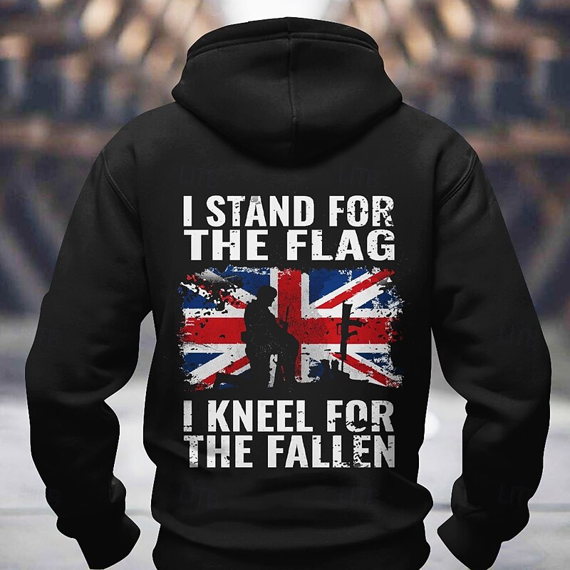 Men's Patriotic British Flag Hoodie | 'I Stand For The Flag I Kneel For The Fallen' Soldier Remembrance Graphic Hooded Sweatshirt