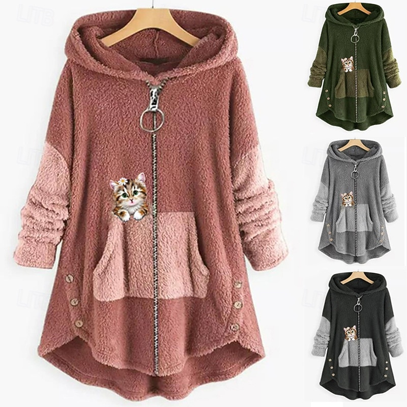 Women's Hoodie Jacket Warm Fleece Lined Pullover Sweatshirt Pajamas Patchwork Zipper Casual Cat Outdoor Vacation Zipper Long Hooded Regular Fit Long Sleeve Outerwear Black Red Army Green Fall Winter