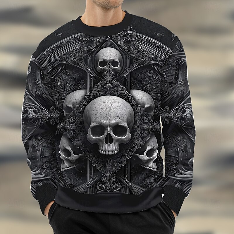Halloween Men's Skull Sweatshirt Casual Long Sleeve Crew Neck Black Yellow Crewneck 3D Print 3D All Seasons Designer