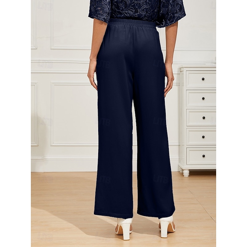 Women's Wide Leg Chinos Basic Full Length High Waist Plain Pocket Elastic Waistband Comfy Soft Comfortable Micro-elastic Formal Wedding Navy Blue Summer Spring Regular Fit2