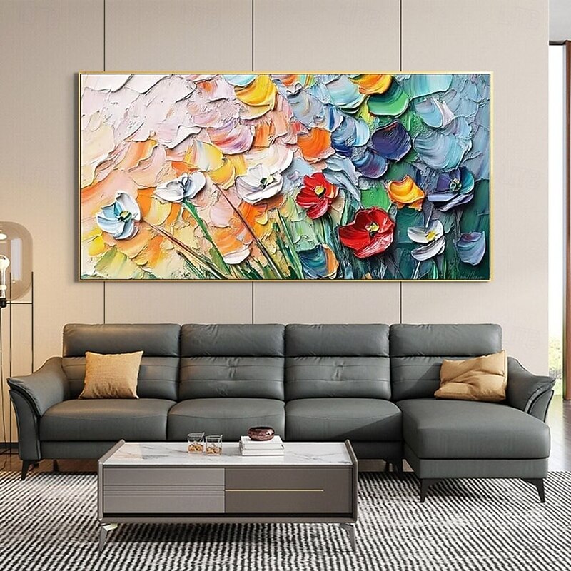 Large 3D flower oil painting Handmade Textured landscape Oil Painting Vibrant Multicolor Floral painting Bouquet Modern artwork picture for  Living Room Decor Modern Colorful Flower picture Room Decor3
