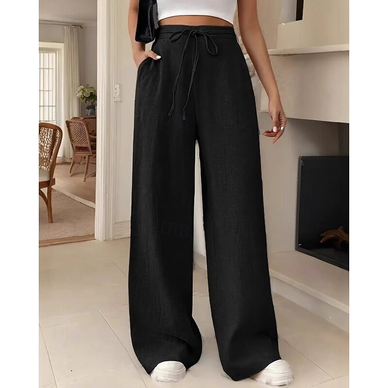 Women's Wide Leg Slacks Streetwear Casual Full Length Natural Plain Pocket Elastic Drawstring Design Comfortable Street Daily Wear Weekend Black Pink Army Green Blue Fall Regular Fit2