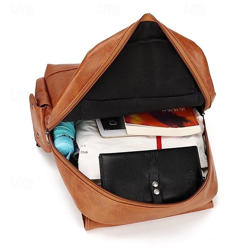 Men's Vintage Brown Faux Leather Backpack with Multi-Zipper Pockets, Large Capacity Travel and Laptop Bag for Work, School, and Casual Daily Use4