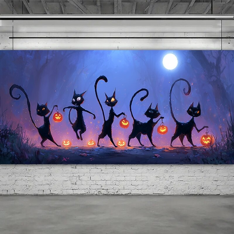 Halloween Garage Door Cover Black Cat Silhouettes Banner, Large Tapestry Backdrop Decoration for Holiday Outdoor Garage Door and Home Wall, 2025 Halloween Decorations3
