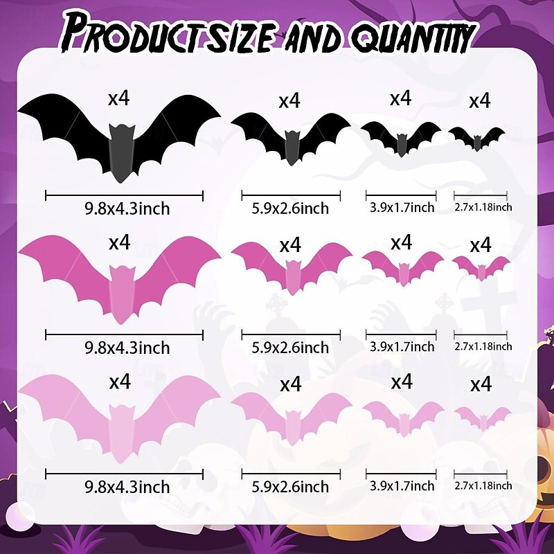 48 Pcs Halloween 3D Bats Stickers Decoration Spooky 3D Bats Indoor Outdoor Party Decor - Plastic Scary Gothic Stickers for Bathroom Kitchen Home Room Wall2