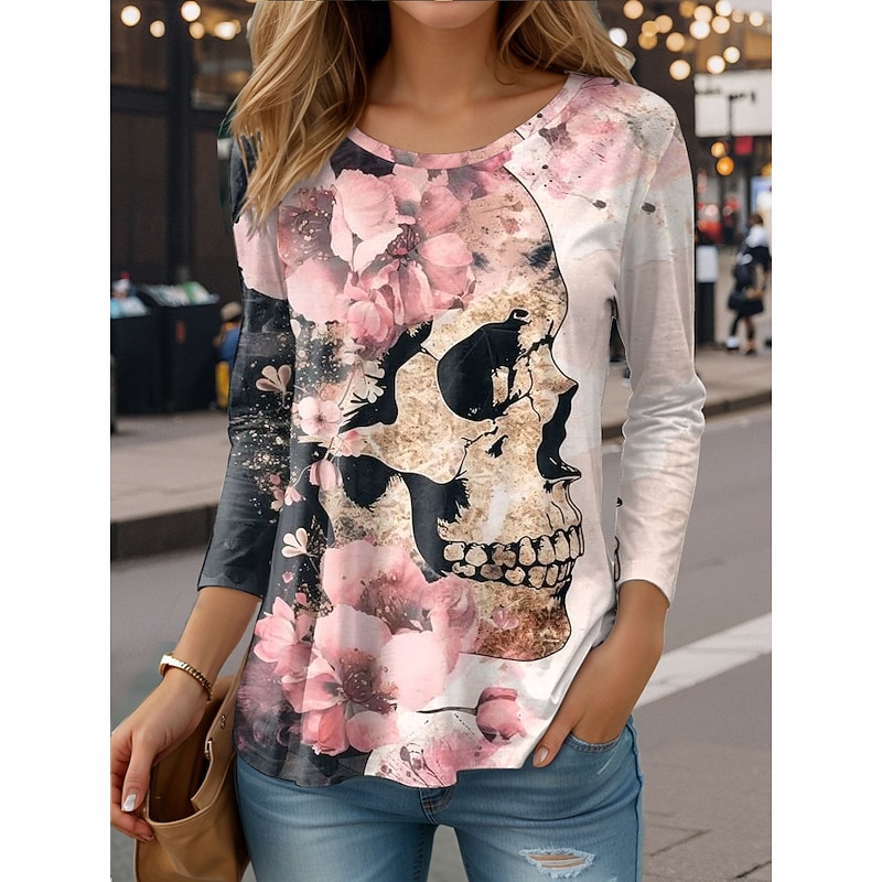 Halloween Women's T Shirt Skulls Crew Neck Long Sleeve Tunic Floral Graphic Vintage Stylish Classic Round Neck Regular Tops Daily Print Pink Blue Purple Green Fall