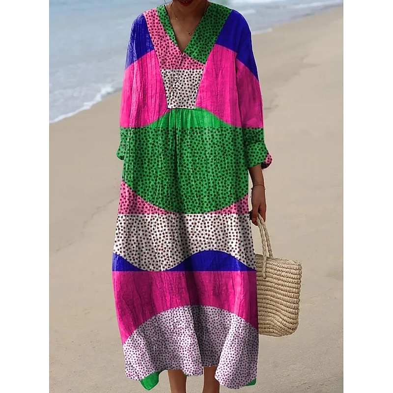 Women's Midi Dress V Neck Long Sleeve Kaftan Lightweight Loose Fit A Line Dress Casual Boho Going out Graphic Geometric Long Sleeve V Neck Blue Fuchsia Orange Fall2