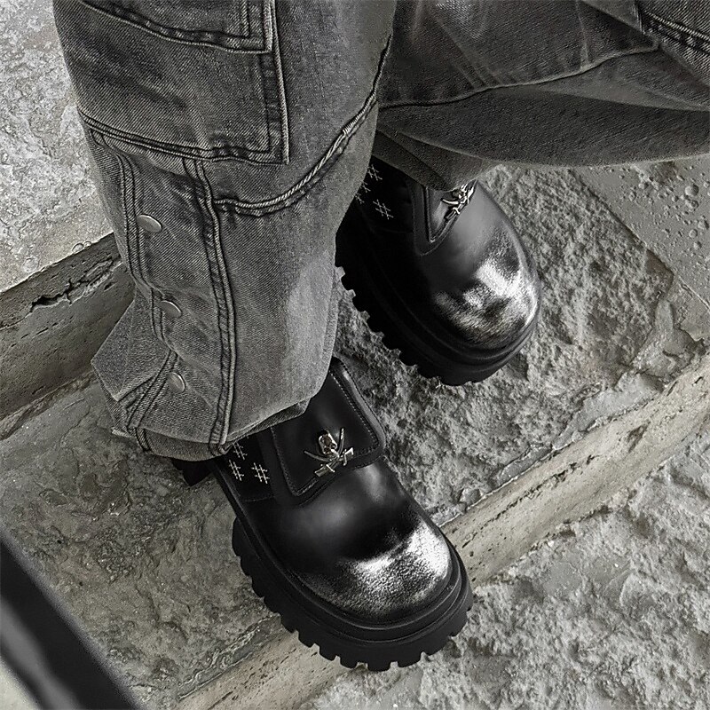 Men's Skull Buckle Platform Loafers – Gothic Punk Slip-On Shoes with Cross Stitch Detail for Halloween & Alternative Style4