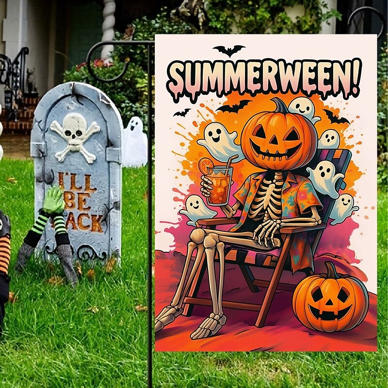 Halloween Garden Flag Banner – "Summerween" Sitting Skeleton with Pumpkin, Double-Sided Weather-Resistant Yard Flag for 2025 Halloween Holiday Outdoor Lawn, Porch Decoration2