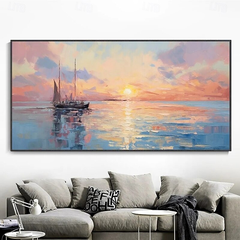 Handmade Oil Painting Canvas Wall Art Decoration Modern Abstract Sunrise  Sailing Boat Sea Landscape for Living Room Home Decor Stretched Frame Hanging Painting/Rolled Frameless Unstretched Painting2
