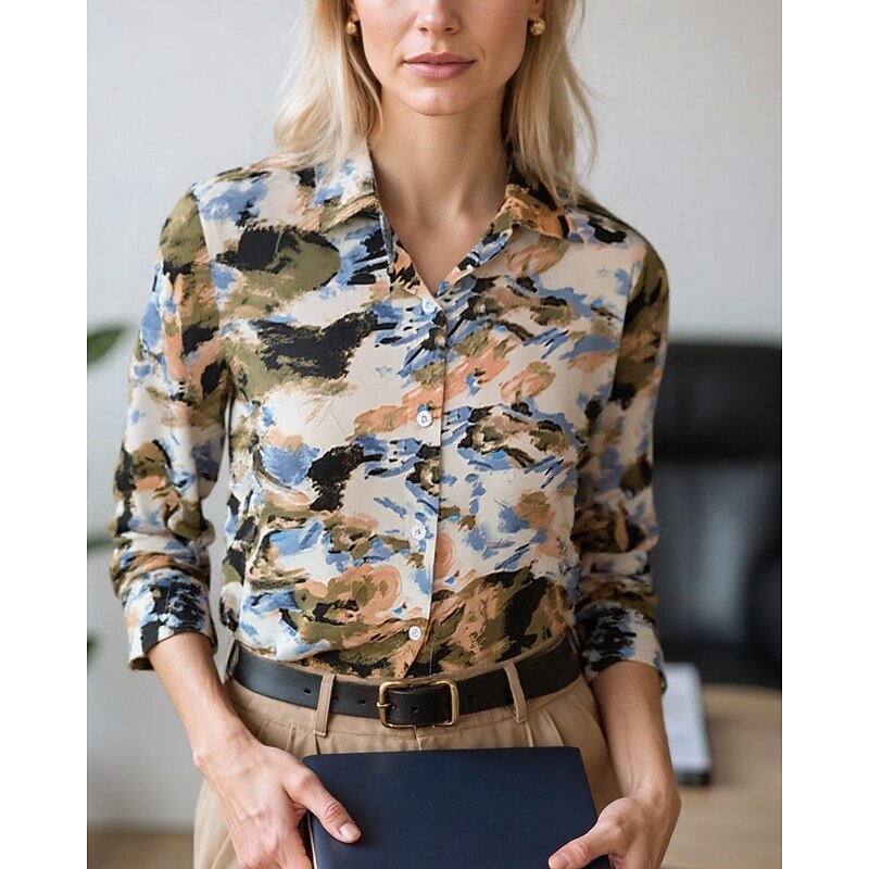 Women's Blouse Dressy Tops Chiffon Tops Graphic Color Block Elegant Daily Stylish Long Sleeve Shirt Collar Regular Tops Work Daily Buttons Print Yellow Wine Green Beige Gray Spring, Fall, Winter