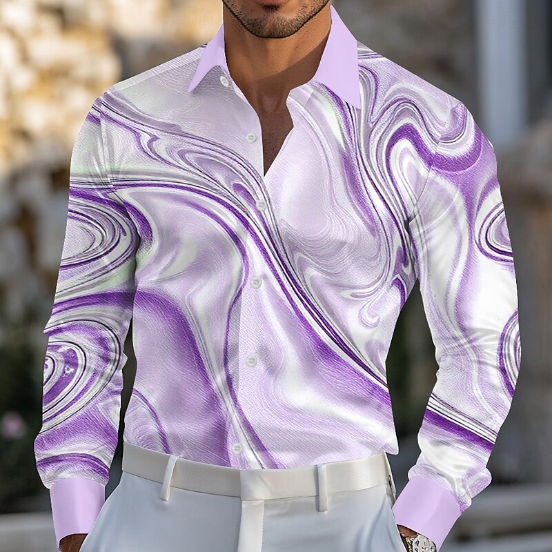 Men's Marble Abstract Liquid Art Shirt Satin Shirt Dress Shirt Long Sleeve Fashion Casual Vacation Dailywear Summer Spring Fall Turndown 3D Print Button Up Shirts Purple Khaki Light Blue3