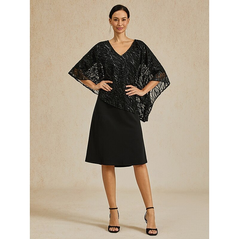 Women's Tea Length Chiffon Dress Elegant Party Solid Color Half Sleeve V Neck Black Summer Spring4