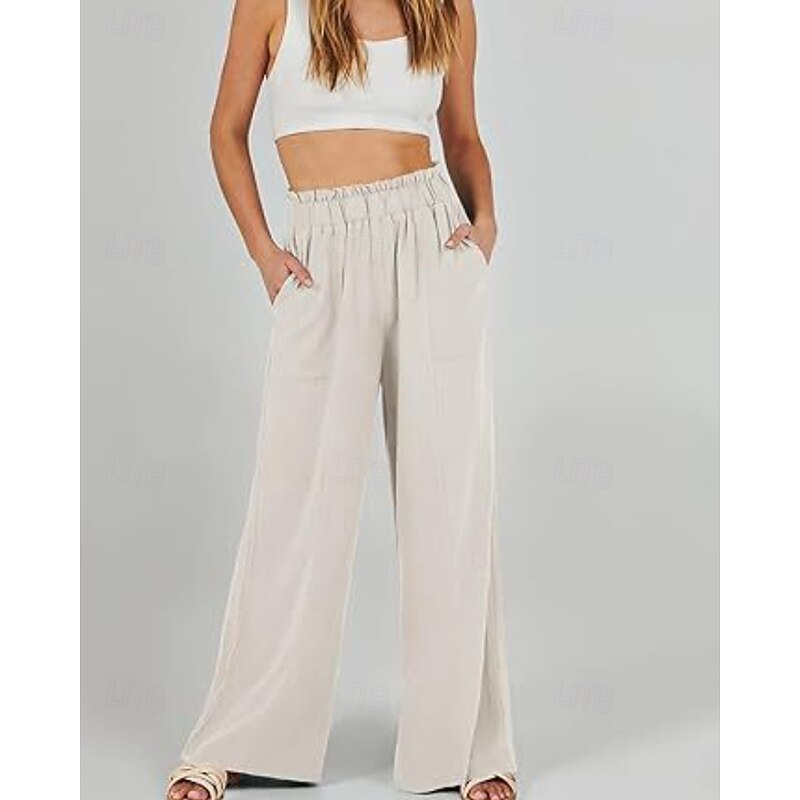 Women's Wide Leg Slacks Streetwear Casual Full Length Natural Plain Pocket Elastic Waist Comfortable Street Holiday Daily Wear Apricot Black Khaki Fall Regular Fit