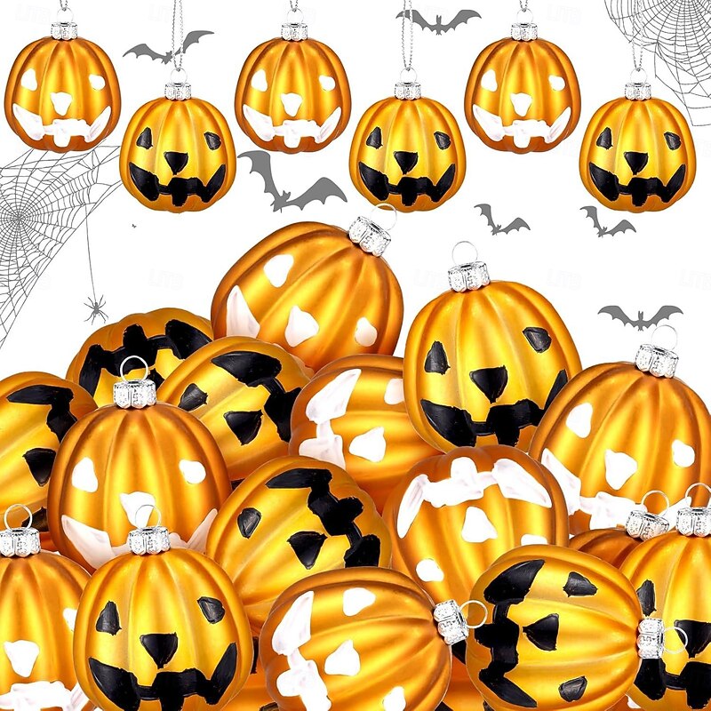12 pcs Halloween Hanging Pumpkin Ornaments Fall Mini Ball Ornaments, 6cm Dual-Color Matte Painted Pumpkin Baubles with Happy Face for Christmas Tree, Halloween Party or Autumn Home Decor