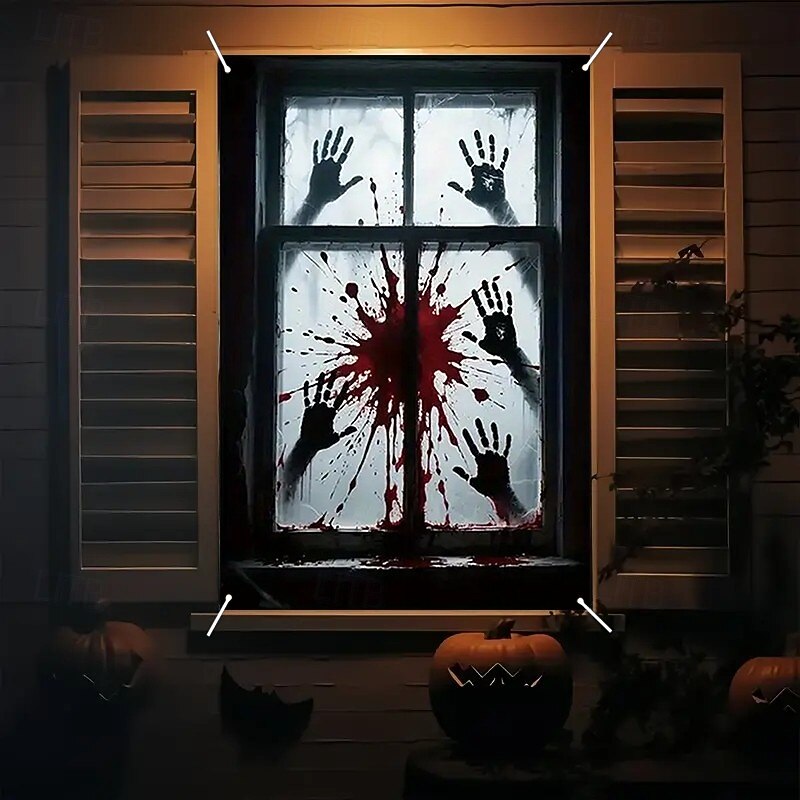 Halloween Window Curtain Bloody Handprints Bathroom Scene, Scary Door Cover, Window cover, Wall Tapestry for 2025 Halloween Haunted House Decoration3